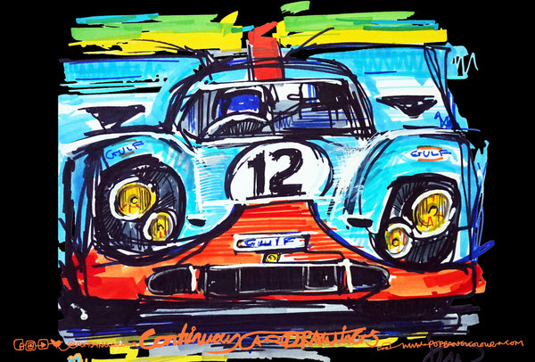 Porsche 917 Gulf livery - black background | #ContinuousCar metal print | 30cm x 20cm